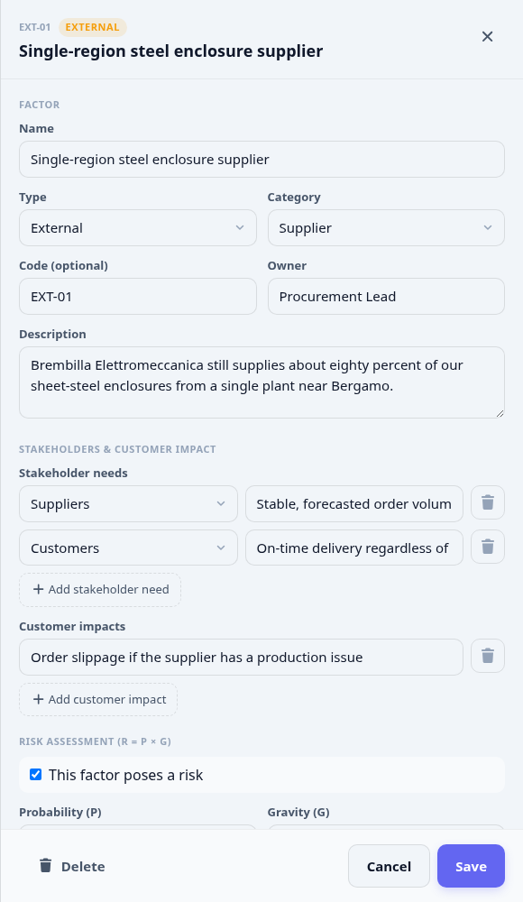 The factor drawer open on a supplier factor, showing its description, owner, assessment and stakeholder section.