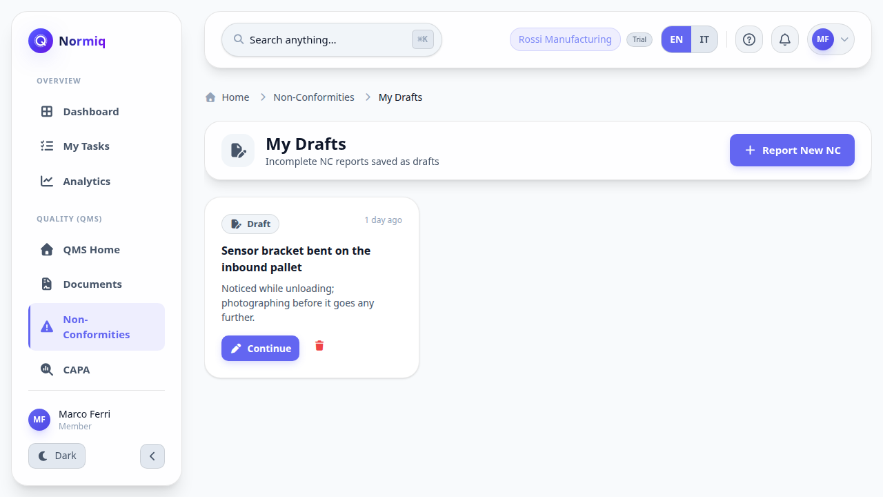 The My Drafts screen showing one unfinished non-conformity report with Continue and delete buttons.