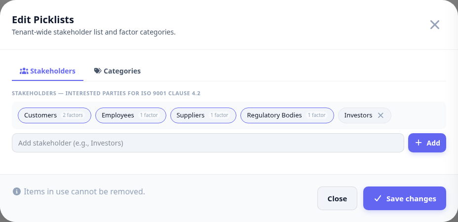 The picklists dialog showing the organisation-wide stakeholder list and factor categories.