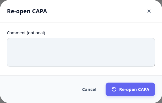 The reopen CAPA dialog with an optional comment field.