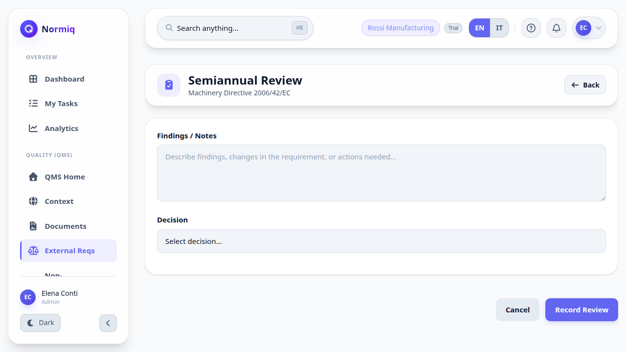 The semiannual review form for a directive, with a findings field and a decision selector.