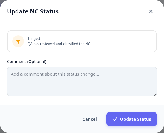 The Update NC Status dialog set to Triaged, with an optional comment field.
