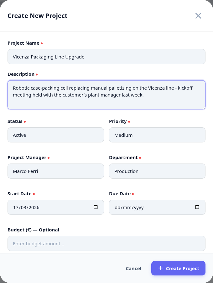 The new project dialog with customer name, description, manager and department.
