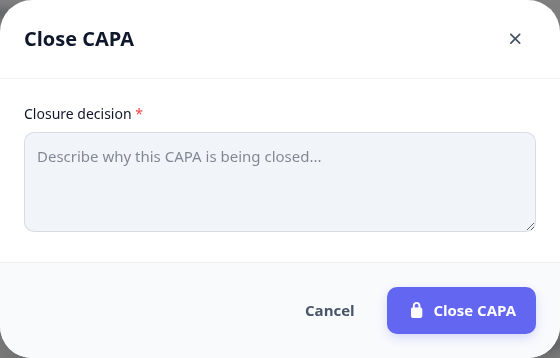 The close CAPA dialog with a closure decision field.