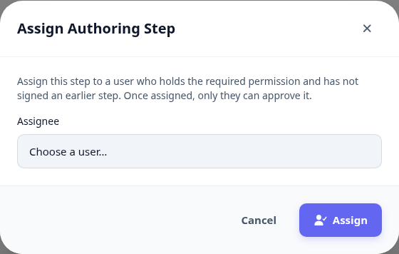 The assign approver dialog listing the people eligible for a step.