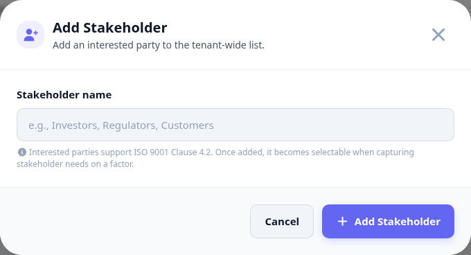 The add stakeholder dialog with a name field, adding a party to the organisation-wide list.