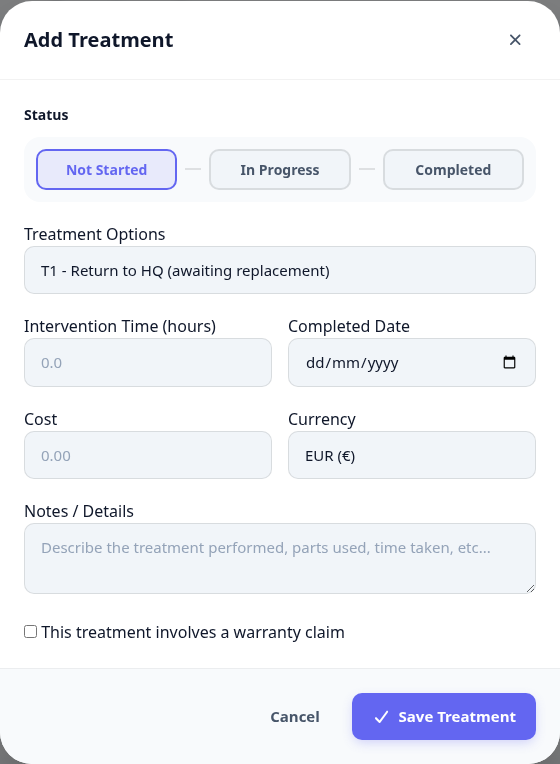 The Add Treatment dialog: status, treatment option, intervention time, completed date, cost and currency, notes.