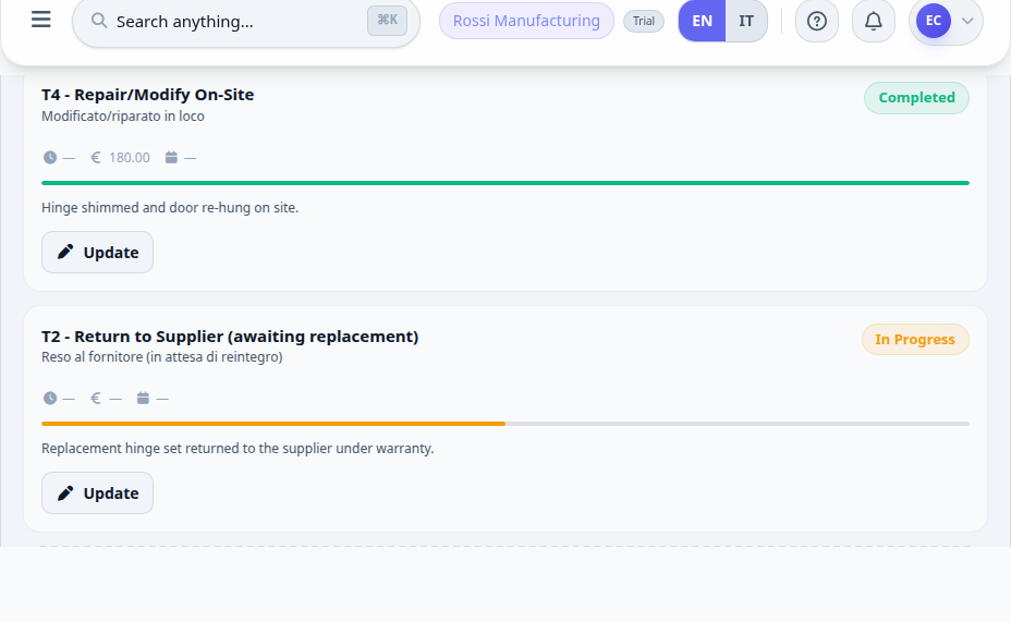 Two treatments on one non-conformity, one completed and one in progress, each with cost, notes and an Update button.