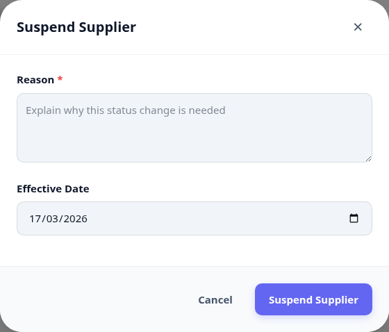 The suspend supplier dialog with a reason field and an effective date.