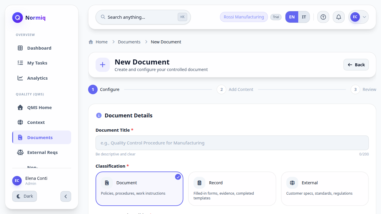 The new document form with fields for title, type and ISO clause reference.