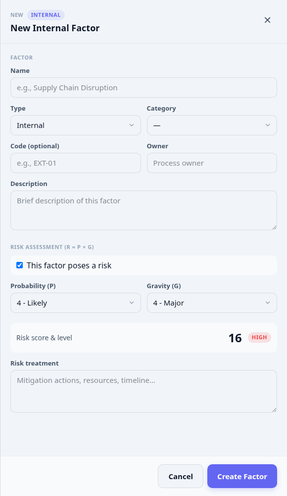 The factor form with a risk assessment being scored, probability and gravity selected and the resulting score shown.