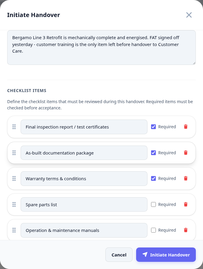 The initiate handover dialog with the transfer type, the project, notes and the document checklist.