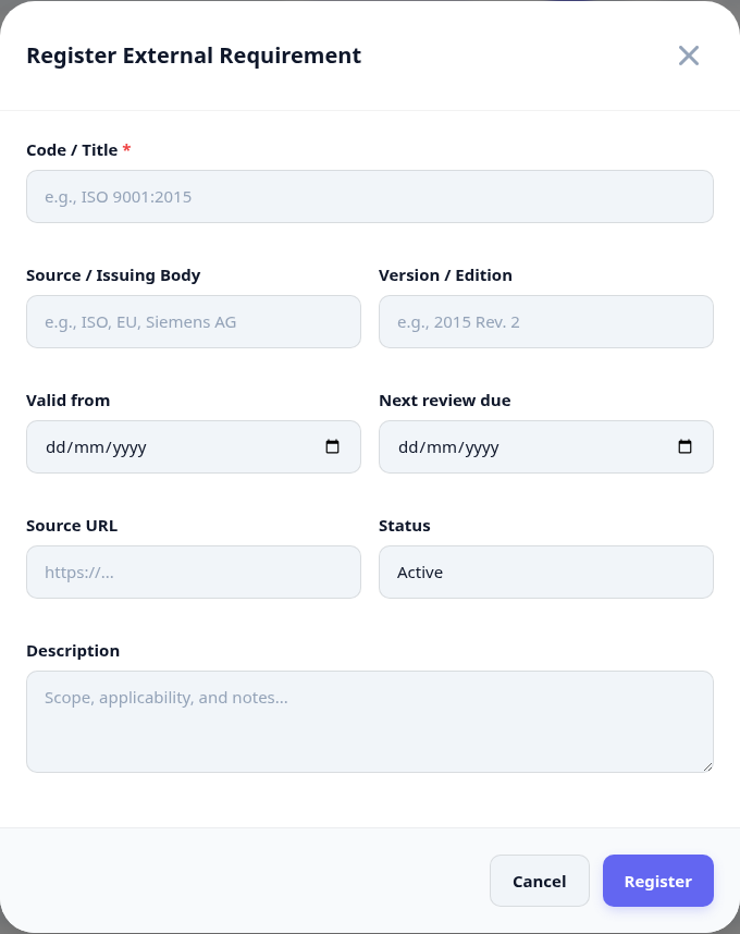 The register requirement dialog with fields for title, issuing body, version, validity dates and source URL.