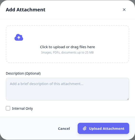 The Add Attachment dialog with a drag-and-drop area and an optional description field.