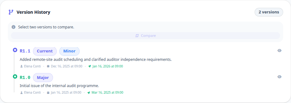 The version history panel listing two releases with their dates, authors and change summaries.