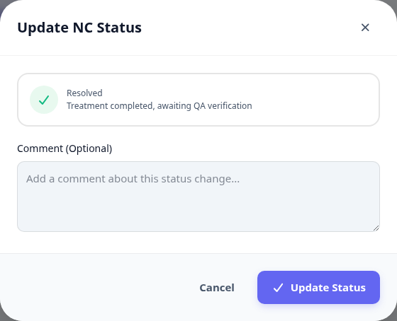 The Update NC Status dialog showing the target status and an optional comment field.