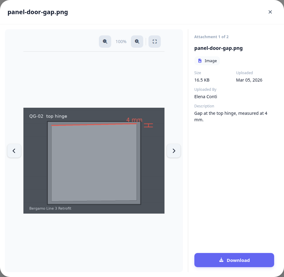 An attached photograph of a door gap open in the preview, with its details and a Download button beside it.