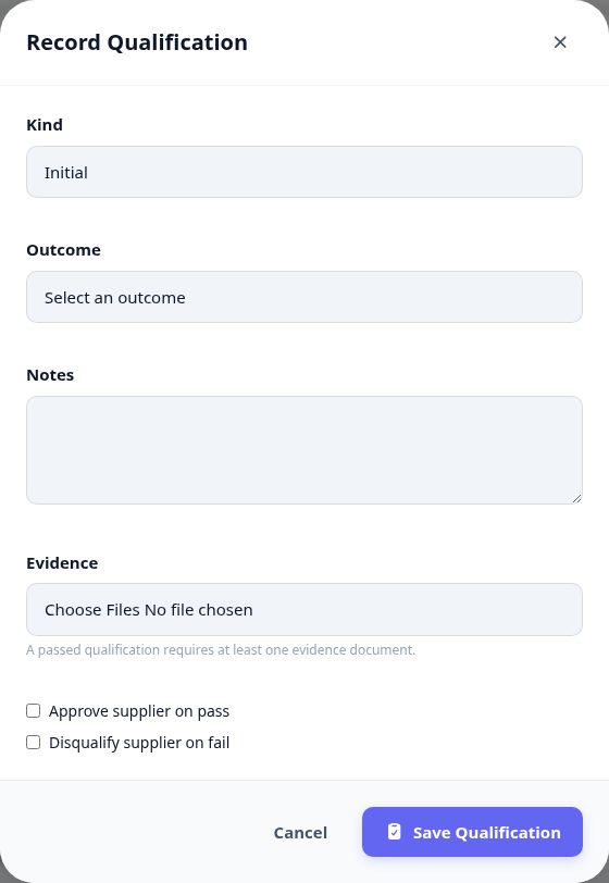 The record qualification dialog with the outcome selector and the evidence upload.